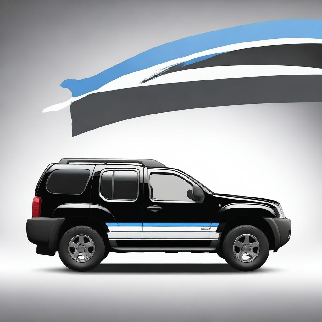 Create an image of a black Nissan Xterra car with blue and white racing stripes