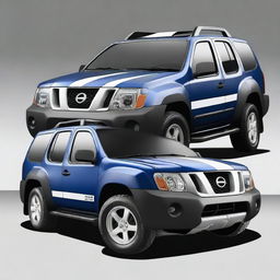 Create an image of a black Nissan Xterra car with blue and white racing stripes