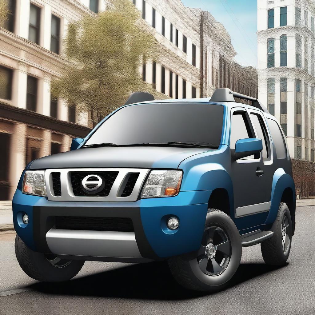 Create an image of a black Nissan Xterra car with blue and white racing stripes