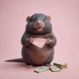 A playful mole drawn in soft pastel colors, cheerfully holding a stack of money in its tiny paws.