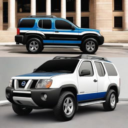 Create an image of a black Nissan Xterra car with blue and white racing stripes