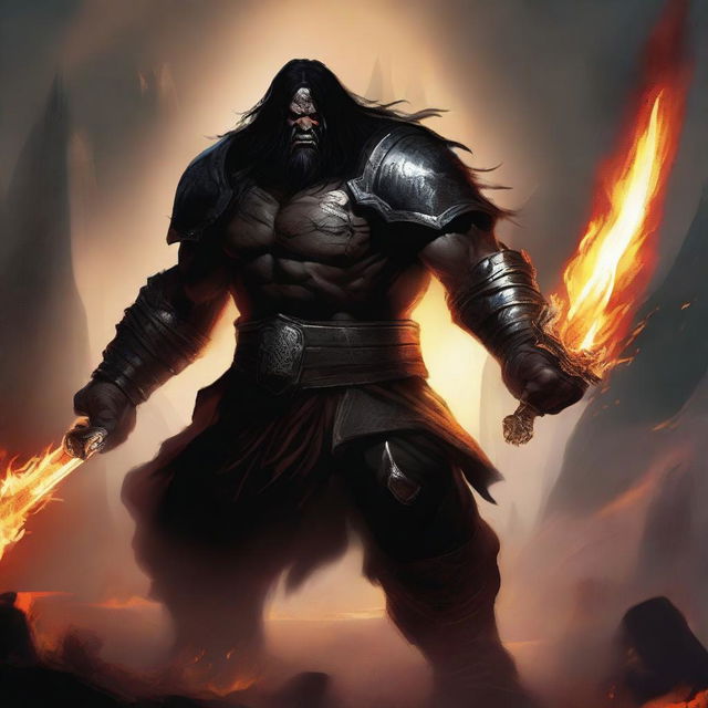 A dark brown orc man with long black hair and a short black beard, wearing imposing black armor