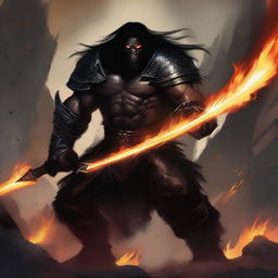 A dark brown orc man with long black hair and a short black beard, wearing imposing black armor