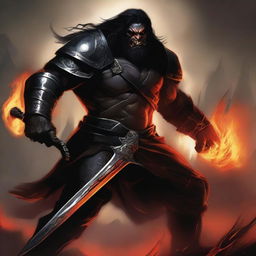 A dark brown orc man with long black hair and a short black beard, wearing imposing black armor