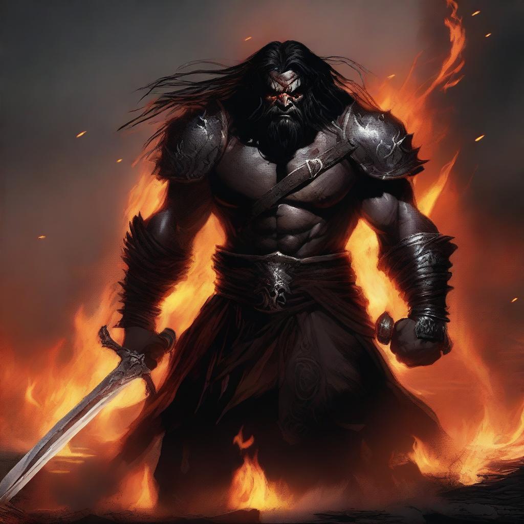 A dark brown orc man with long black hair and a short black beard stands ready for battle