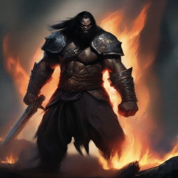 A dark brown orc man with long black hair and a short black beard stands ready for battle