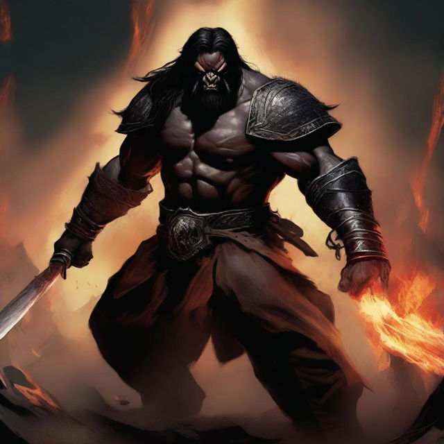 A dark brown orc man with long black hair and a short black beard stands ready for battle