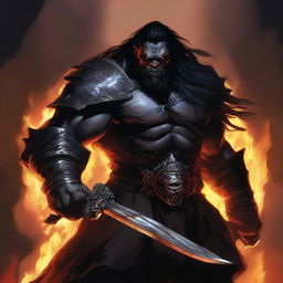 A dark brown orc man with long black hair and a short black beard stands ready for battle