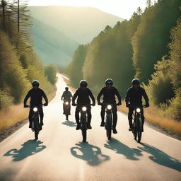 A dynamic and thrilling scene from a movie about bikeriders, showcasing a group of bikers riding through a scenic route with dramatic lighting and intense action