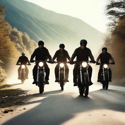 A dynamic and thrilling scene from a movie about bikeriders, showcasing a group of bikers riding through a scenic route with dramatic lighting and intense action