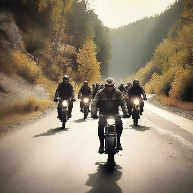 A dynamic and thrilling scene from a movie about bikeriders, showcasing a group of bikers riding through a scenic route with dramatic lighting and intense action