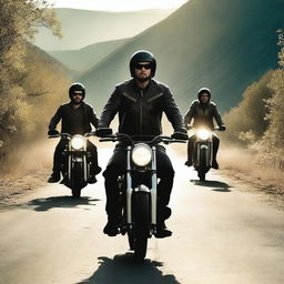 A dynamic and thrilling scene from a movie about bikeriders, showcasing a group of bikers riding through a scenic route with dramatic lighting and intense action