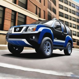 Create an image of a black Nissan Xterra car with blue and white racing stripes, focusing on the bonnet part