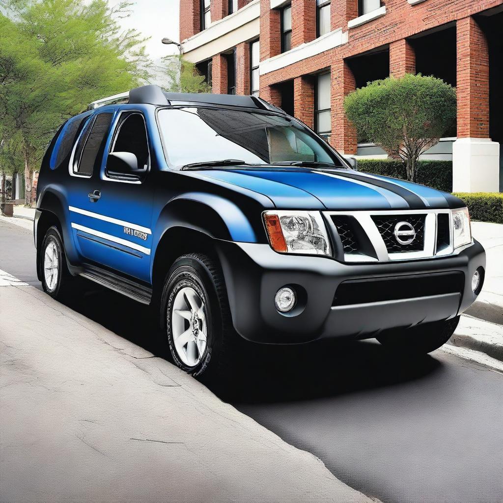 Create an image of a black Nissan Xterra car with blue and white racing stripes, focusing on the bonnet part