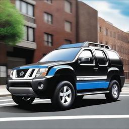 Create an image of a black Nissan Xterra car with blue and white racing stripes, focusing on the bonnet part