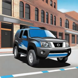 Create an image of a black Nissan Xterra car with blue and white racing stripes, focusing on the bonnet part