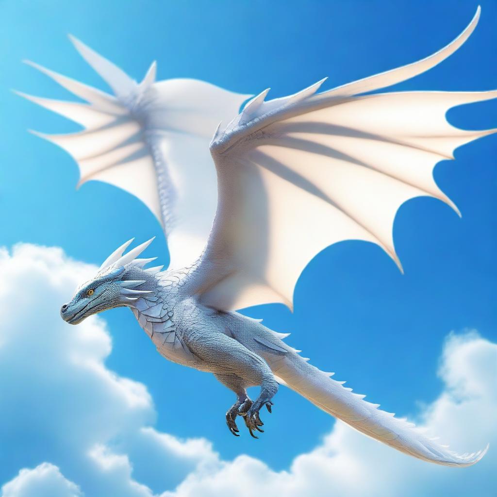 A majestic white wyvern soaring through a clear blue sky, its scales glistening in the sunlight