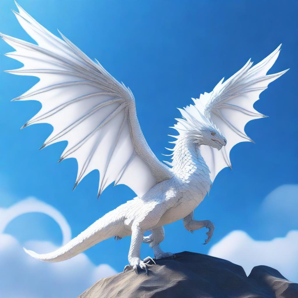 A majestic white wyvern soaring through a clear blue sky, its scales glistening in the sunlight