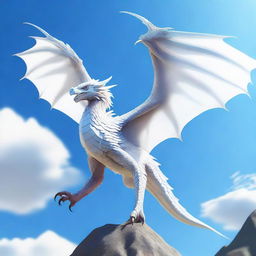 A majestic white wyvern soaring through a clear blue sky, its scales glistening in the sunlight