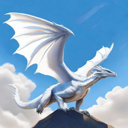 A majestic white wyvern soaring through a clear blue sky, its scales glistening in the sunlight