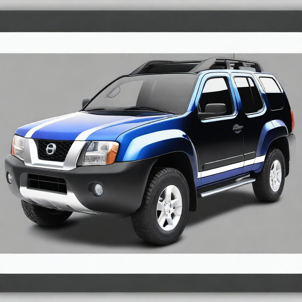 Create an image focusing on the top part of the bonnet of a black Nissan Xterra car with blue and white racing stripes