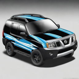 Create an image focusing on the top part of the bonnet of a black Nissan Xterra car with blue and white racing stripes