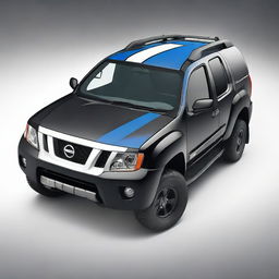 Create an image focusing on the top part of the bonnet of a black Nissan Xterra car with blue and white racing stripes