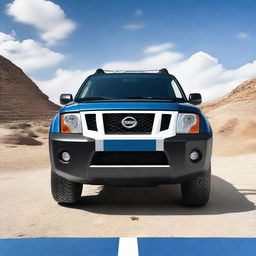 Create an image focusing on the top part of the bonnet of a black Nissan Xterra car with blue and white racing stripes