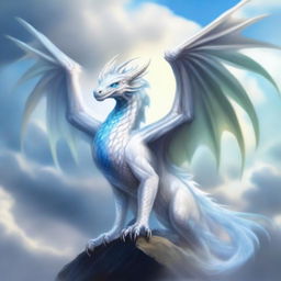 A white wyvern with blue eyes, depicted in a majestic and ethereal manner