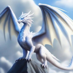 A white wyvern with blue eyes, depicted in a majestic and ethereal manner