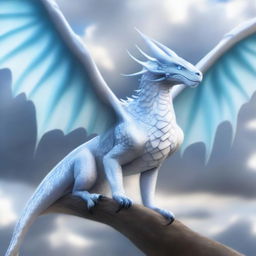 A white wyvern with blue eyes, depicted in a majestic and ethereal manner