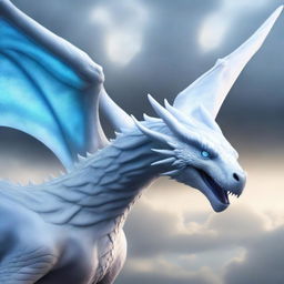 A white wyvern with blue eyes, depicted in a majestic and ethereal manner