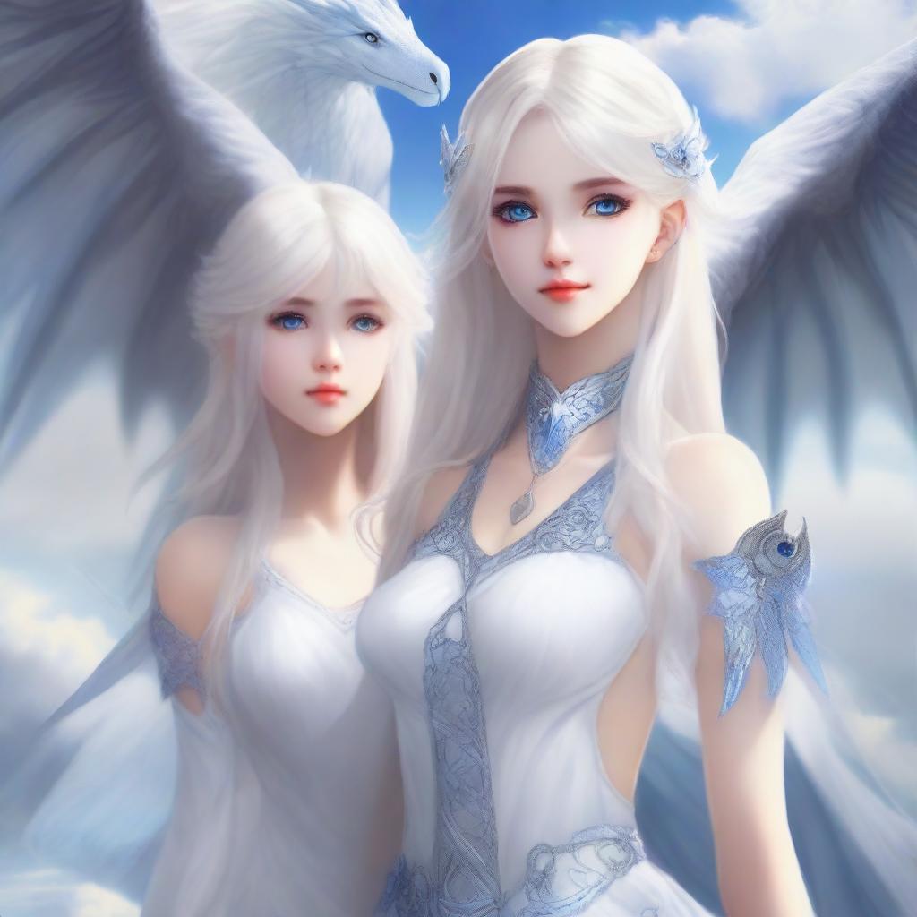 A white wyvern with blue eyes, standing next to a beautiful girl with long white hair and blue eyes