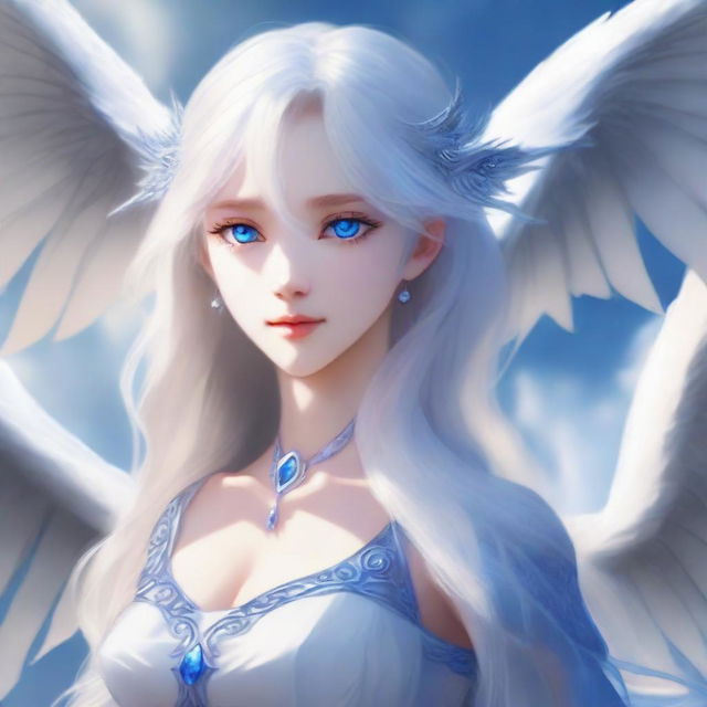 A white wyvern with blue eyes, standing next to a beautiful girl with long white hair and blue eyes