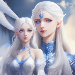 A white wyvern with blue eyes, standing next to a beautiful girl with long white hair and blue eyes