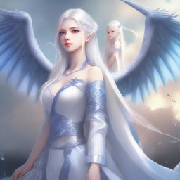 A white wyvern with blue eyes, standing next to a beautiful girl with long white hair and blue eyes