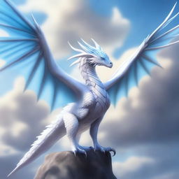 A white wyvern with blue eyes and large, majestic wings