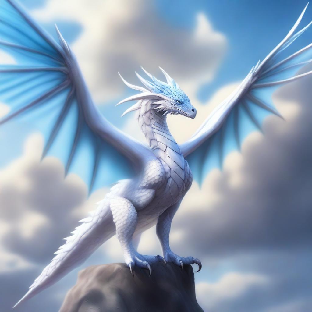 A white wyvern with blue eyes and large, majestic wings