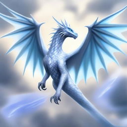 A white wyvern with blue eyes and large, majestic wings