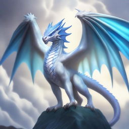 A white wyvern with blue eyes and large, majestic wings