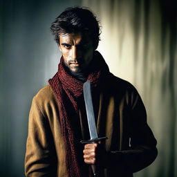 A man wearing a scarf holding a knife, standing confidently