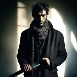 A man wearing a scarf holding a knife, standing confidently