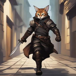 A detailed illustration of a Tabaxi rogue, a feline humanoid with sleek fur, wearing dark leather armor and carrying a set of daggers