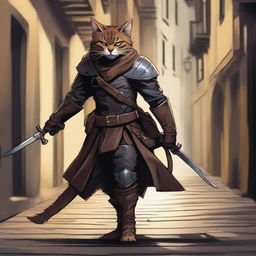 A detailed illustration of a Tabaxi rogue, a feline humanoid with sleek fur, wearing dark leather armor and carrying a set of daggers