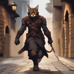 A detailed illustration of a Tabaxi rogue, a feline humanoid with sleek fur, wearing dark leather armor and carrying a set of daggers