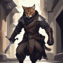 A detailed illustration of a Tabaxi rogue, a feline humanoid with sleek fur, wearing dark leather armor and carrying a set of daggers