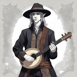 A detailed illustration of a half-elf bard male dressed in black attire, complemented by a wide-brimmed hat and holding a lute