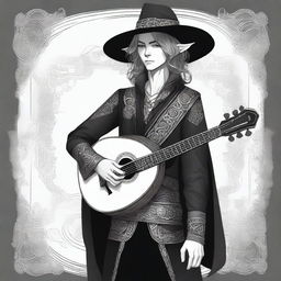 A detailed illustration of a half-elf bard male dressed in black attire, complemented by a wide-brimmed hat and holding a lute