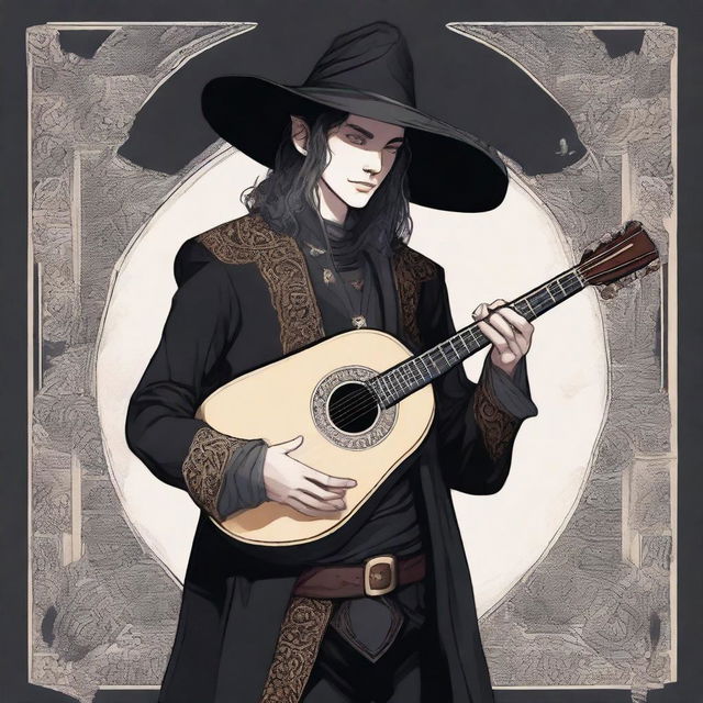 A detailed illustration of a half-elf bard male dressed in black attire, complemented by a wide-brimmed hat and holding a lute