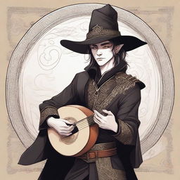 A detailed illustration of a half-elf bard male dressed in black attire, complemented by a wide-brimmed hat and holding a lute